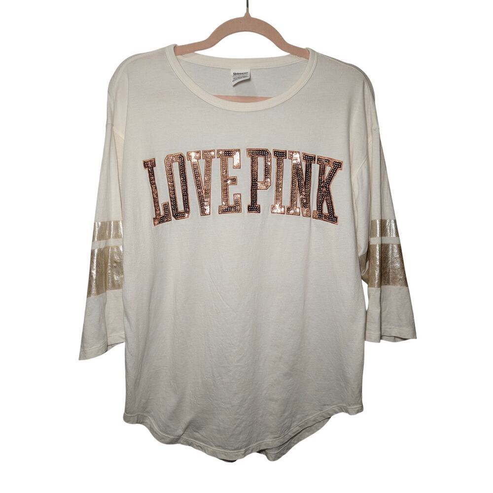 Victoria's Secret PINK LOVE PINK Sequin Graphic Long Sleeve Shirt XS White - Picture 1 of 4